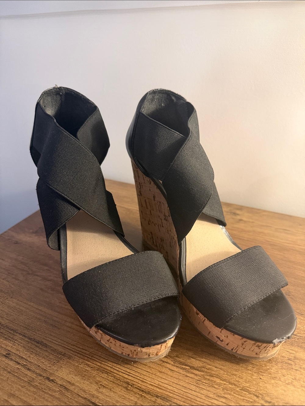Steve Madden Black Cork Wedge Sandals with Crisscross Straps - Women